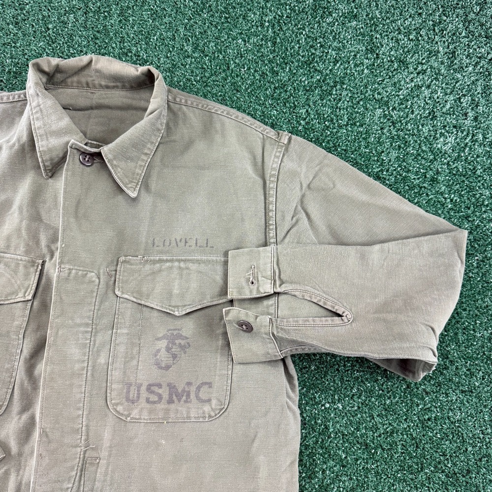 Vintage 50s USMC P56 OG-107 Utility Button Up Shirt Mens Large Military Stencil